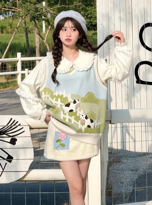 Cartoon Cute Ranch Cow Knit Vest Kawaii Fashion V Neck Sleeveless Top Skirt Set Women Outfit