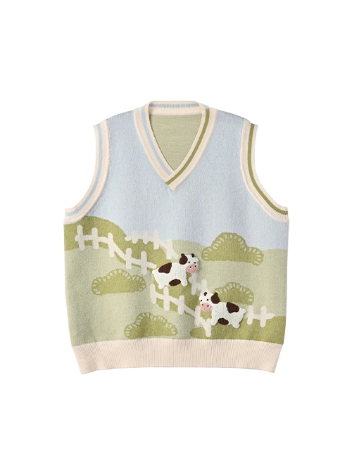 Cartoon Cute Ranch Cow Knit Vest Kawaii Fashion V Neck Sleeveless Top Skirt Set Women Outfit