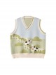 Cartoon Cute Ranch Cow Knit Vest Kawaii Fashion V Neck Sleeveless Top Skirt Set Women Outfit