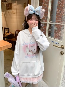 White Loose Cartoon Cute Soft Girl Cat Print Kawaii Fashion Pullover Hoodie Sweatshirt Top