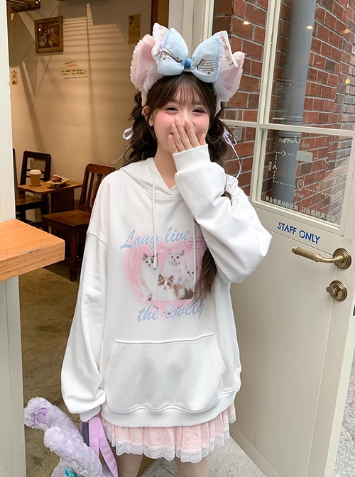 White Loose Cartoon Cute Soft Girl Cat Print Kawaii Fashion Pullover Hoodie Sweatshirt Top