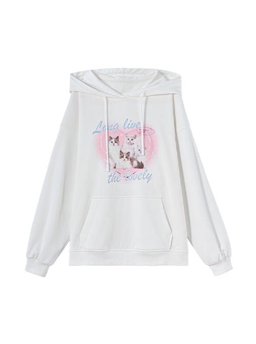 White Loose Cartoon Cute Soft Girl Cat Print Kawaii Fashion Pullover Hoodie Sweatshirt Top