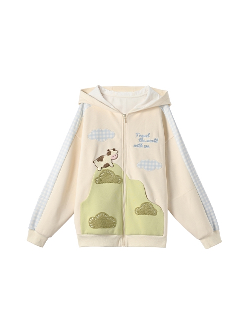 Cute Apricot Green Color Block Fun Girl Cow Ranch Print Kawaii Fashion Loose Casual Sweatshirt