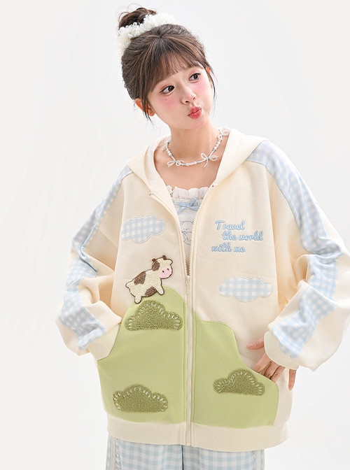 Cute Apricot Green Color Block Fun Girl Cow Ranch Print Kawaii Fashion Loose Casual Sweatshirt