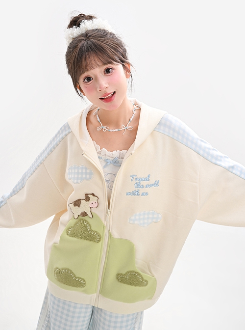 Cute Apricot Green Color Block Fun Girl Cow Ranch Print Kawaii Fashion Loose Casual Sweatshirt