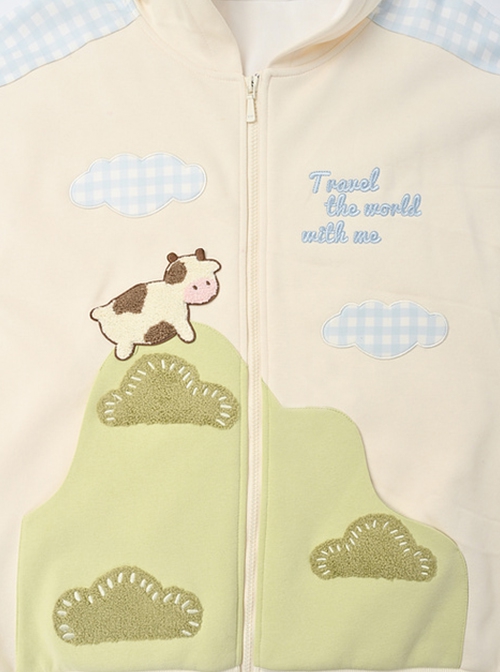 Cute Apricot Green Color Block Fun Girl Cow Ranch Print Kawaii Fashion Loose Casual Sweatshirt