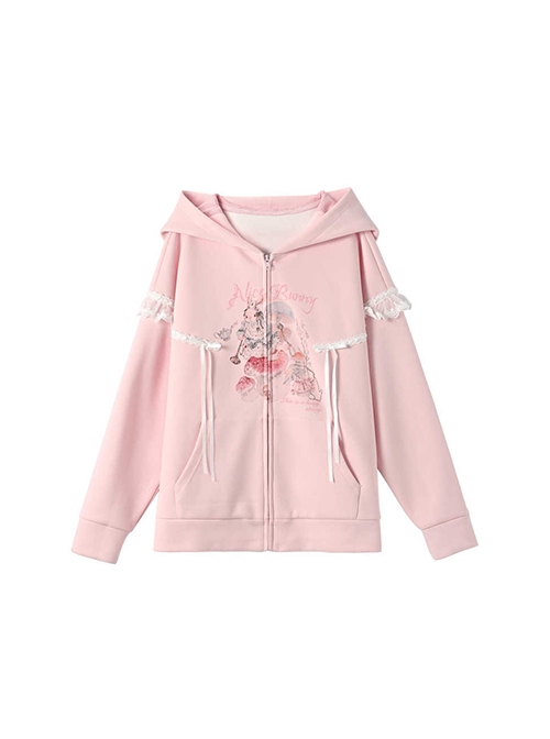 Cute Spring Pastel 3D Rabbit Ear Lace Kawaii Fashion Adorable Hooded Sweatshirt