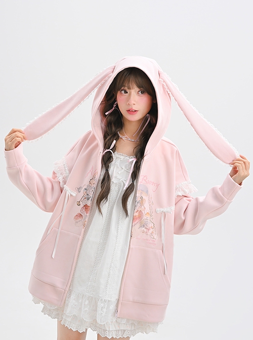 Cute Spring Pastel 3D Rabbit Ear Lace Kawaii Fashion Adorable Hooded Sweatshirt