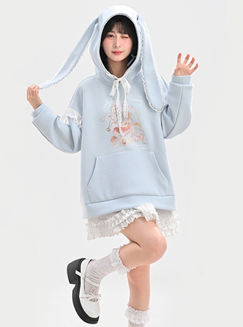 Cute Spring Pastel 3D Rabbit Ear Lace Kawaii Fashion Adorable Hooded Sweatshirt