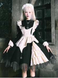 Spider Dream Series Elegant Black White Gothic Lolita Long Sleeve Spiderweb Lace Apron Dress