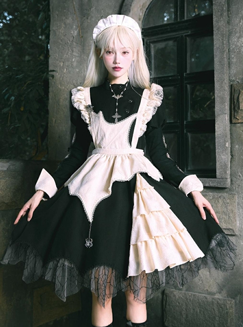 Spider Dream Series Elegant Black White Gothic Lolita Long Sleeve Spiderweb Lace Apron Dress