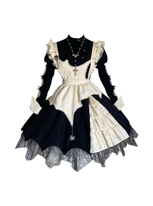 Spider Dream Series Elegant Black White Gothic Lolita Long Sleeve Spiderweb Lace Apron Dress