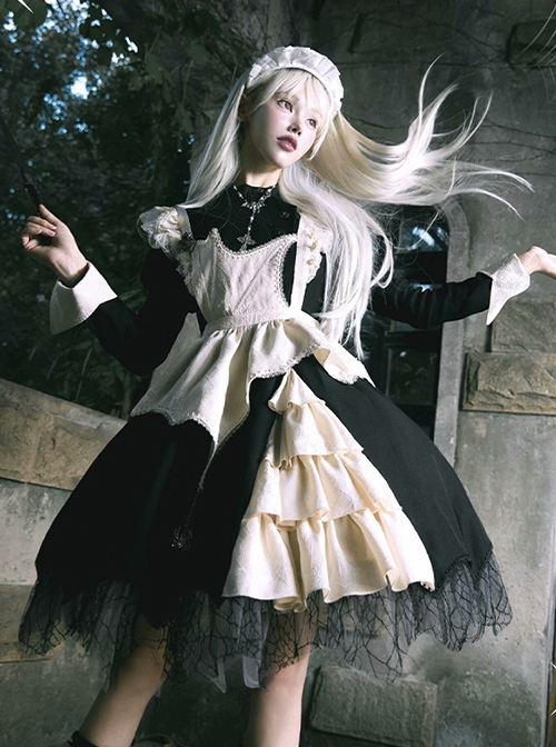 Spider Dream Series Elegant Black White Gothic Lolita Long Sleeve Spiderweb Lace Apron Dress