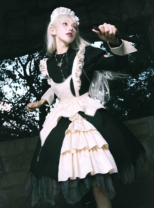 Spider Dream Series Elegant Black White Gothic Lolita Long Sleeve Spiderweb Lace Apron Dress