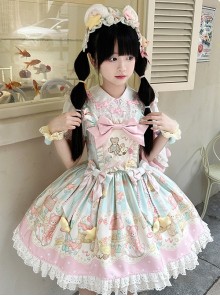 Bear Dreamland Series Sweet Lolita Light Pink Cute Cartoon Bear Dessert Print Bowknot Fairy Tale Sleeveless Dress