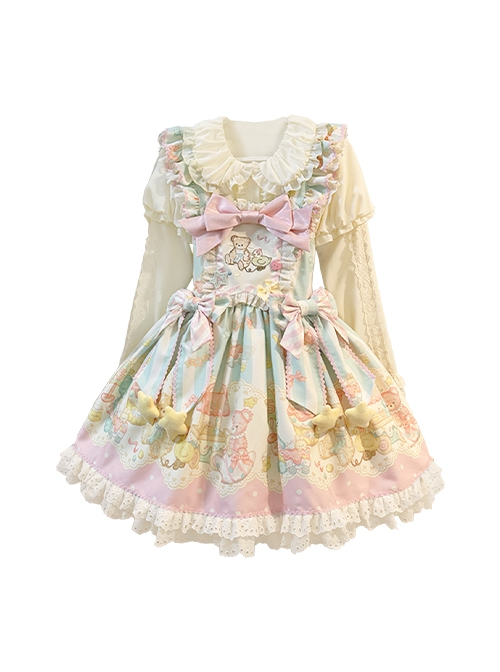 Bear Dreamland Series Sweet Lolita Light Pink Cute Cartoon Bear Dessert Print Bowknot Fairy Tale Sleeveless Dress