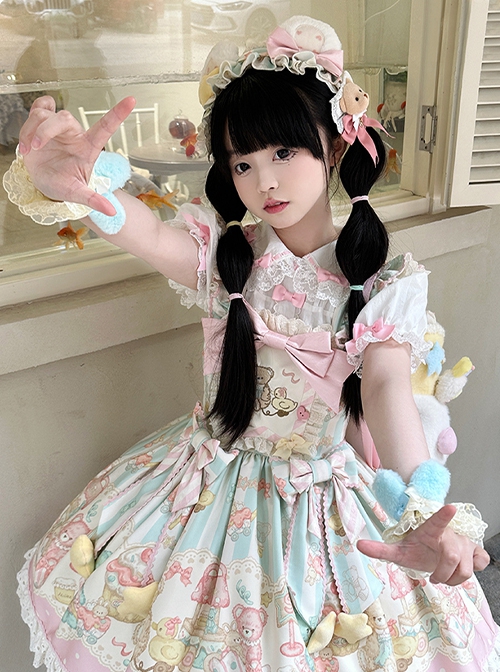 Bear Dreamland Series Sweet Lolita Light Pink Cute Cartoon Bear Dessert Print Bowknot Fairy Tale Sleeveless Dress