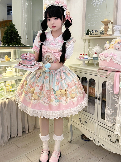 Bear Dreamland Series Sweet Lolita Light Pink Cute Cartoon Bear Dessert Print Bowknot Fairy Tale Sleeveless Dress