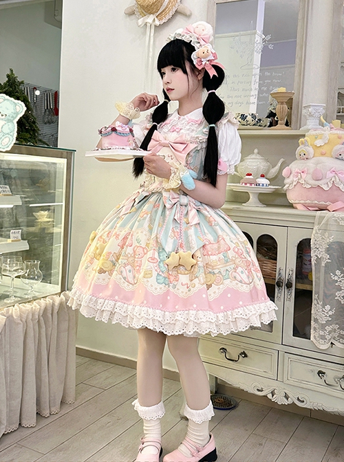 Bear Dreamland Series Sweet Lolita Light Pink Cute Cartoon Bear Dessert Print Bowknot Fairy Tale Sleeveless Dress