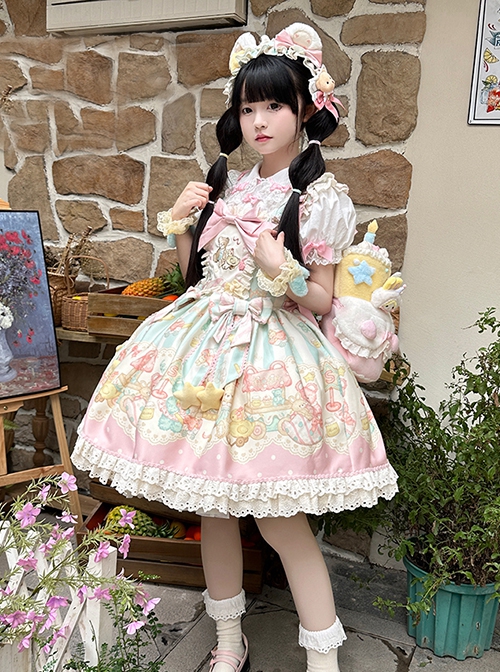 Bear Dreamland Series Sweet Lolita Light Pink Cute Cartoon Bear Dessert Print Bowknot Fairy Tale Sleeveless Dress