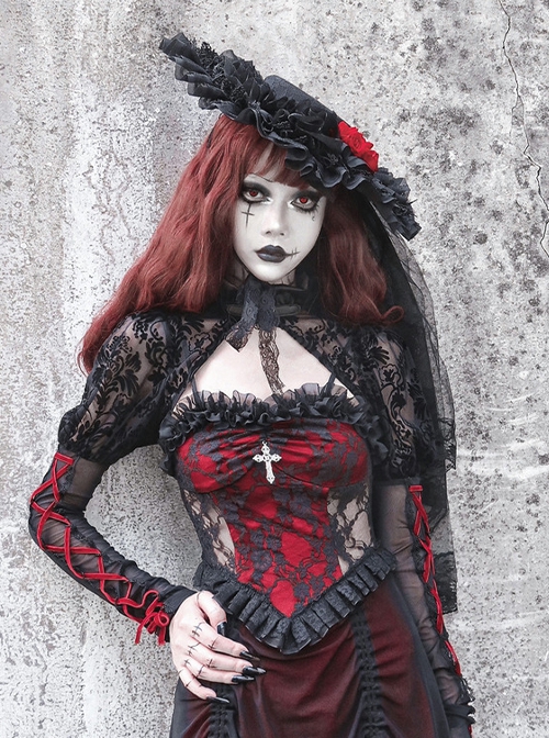 Interview With Vampire Series Gothic Punk Black Lace Lolita Heavy Rose Decorated Flat Bonnet