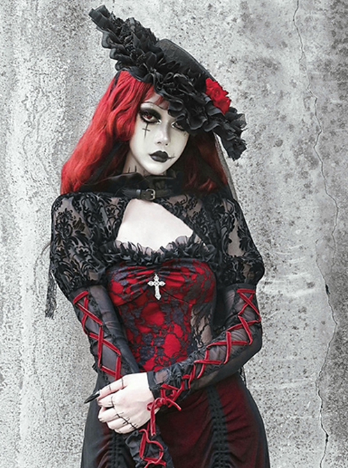 Interview With Vampire Series Gothic Punk Black Lace Lolita Heavy Rose Decorated Flat Bonnet