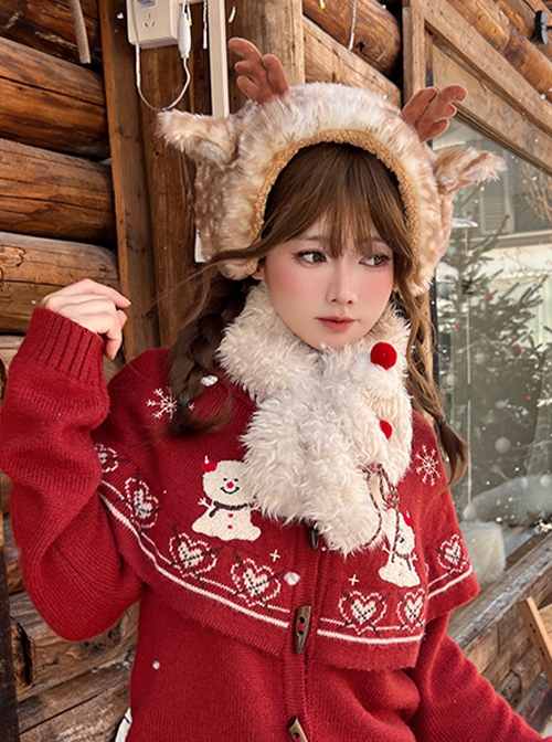 Little Snowball Series Christmas New Year Winter Cute Kawaii Fashion Warm White Plush Scarf