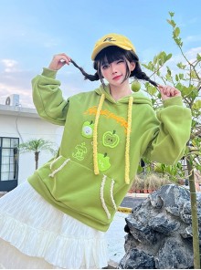 Apple Puppy Series Spring Lovely Kawaii Fashion Green 3D Embroidery Oversized Pullover Hoodie