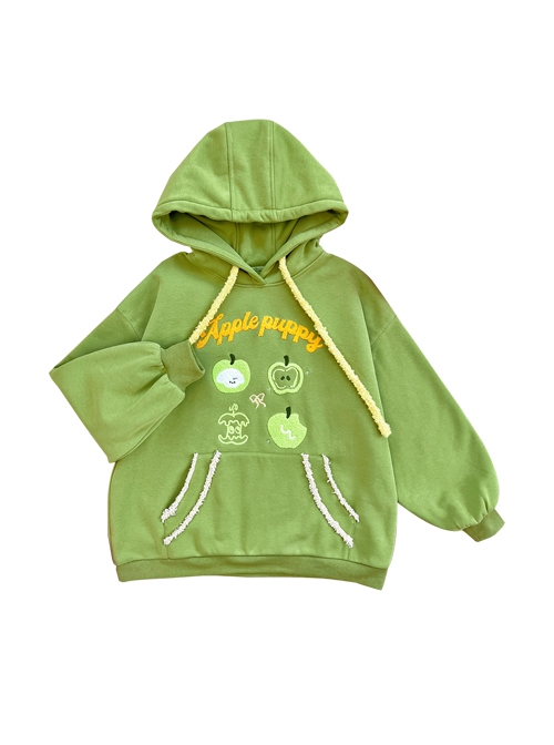 Apple Puppy Series Spring Lovely Kawaii Fashion Green 3D Embroidery Oversized Pullover Hoodie