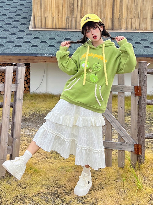 Apple Puppy Series Spring Lovely Kawaii Fashion Green 3D Embroidery Oversized Pullover Hoodie