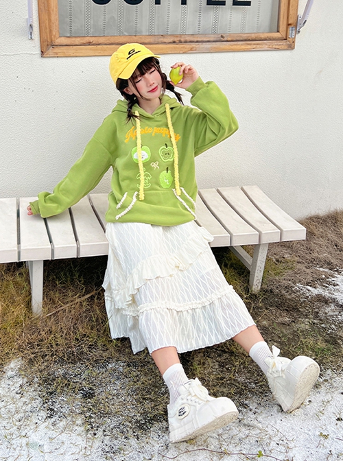 Apple Puppy Series Spring Lovely Kawaii Fashion Green 3D Embroidery Oversized Pullover Hoodie