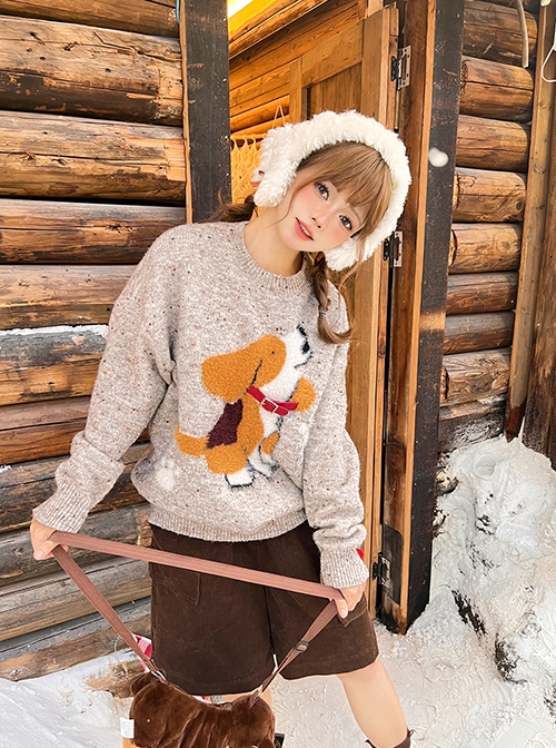 Beagle King Series Spring Kawaii Fashion Adorable Retro Grey Colorful Dot Cartoon Puppy Lazy Chic Loose Fit Wool Sweater