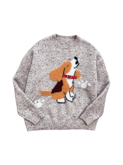 Beagle King Series Spring Kawaii Fashion Adorable Retro Grey Colorful Dot Cartoon Puppy Lazy Chic Loose Fit Wool Sweater