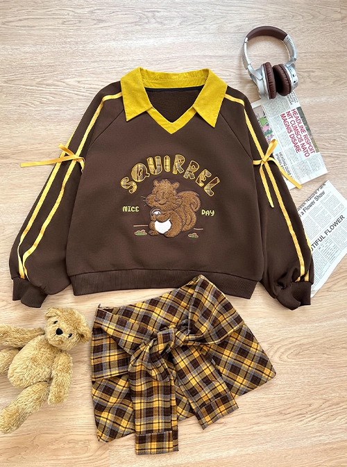 Chipmunk Series Retro American College Sport Kawaii Fashion Color Block Applique Loose Lapel Pullover Sweatshirt