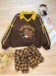 Chipmunk Series Retro American College Sport Kawaii Fashion Color Block Applique Loose Lapel Pullover Sweatshirt