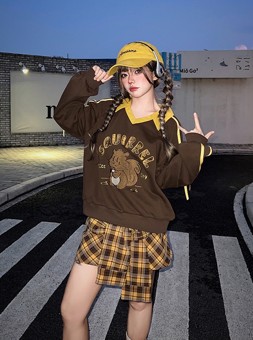 Chipmunk Series Retro American College Sport Kawaii Fashion Color Block Applique Loose Lapel Pullover Sweatshirt