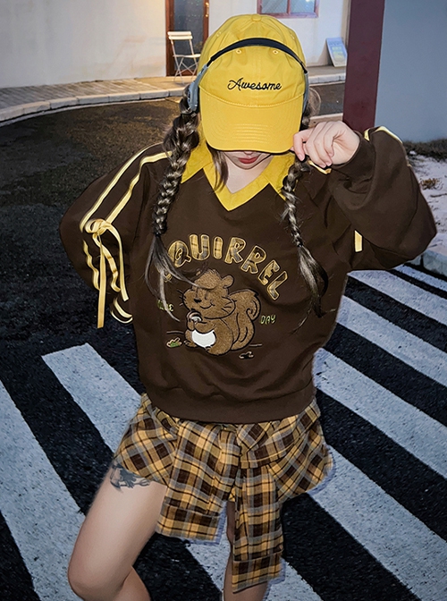 Chipmunk Series Retro American College Sporty Style Kawaii Fashion Tan Plaid Mini Skirt