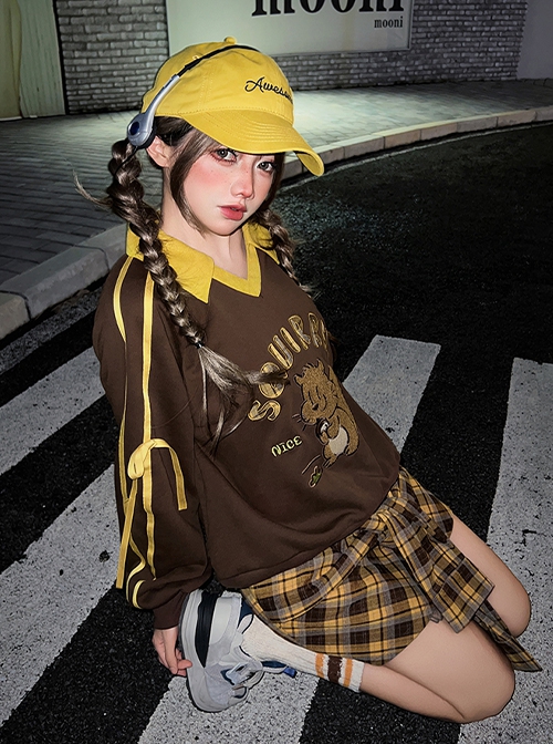 Chipmunk Series Retro American College Sporty Style Kawaii Fashion Tan Plaid Mini Skirt