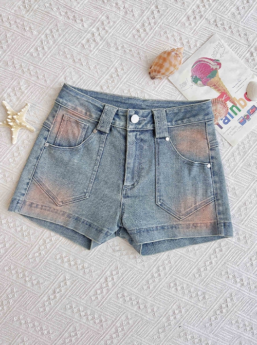 Ramune Soda Series Summer Vibe Y2K Spicy Girl Kawaii Fashion Chic Distressed Blush Blue Denim Shorts