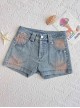 Ramune Soda Series Summer Vibe Y2K Spicy Girl Kawaii Fashion Chic Distressed Blush Blue Denim Shorts