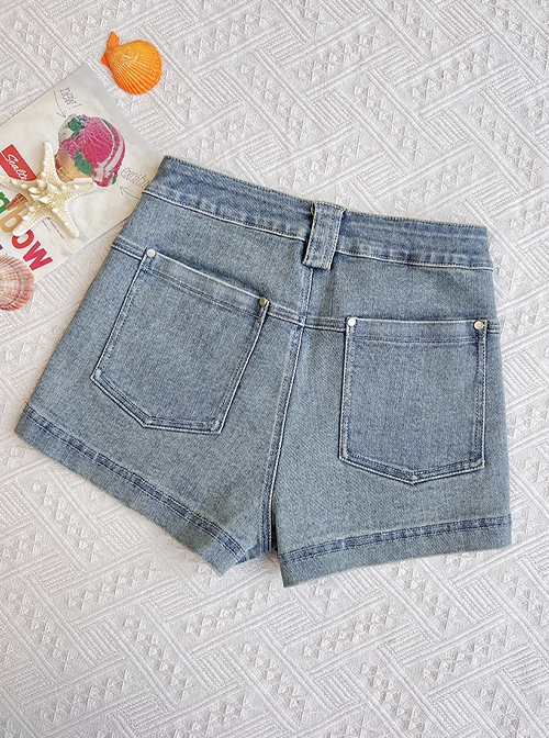 Ramune Soda Series Summer Vibe Y2K Spicy Girl Kawaii Fashion Chic Distressed Blush Blue Denim Shorts