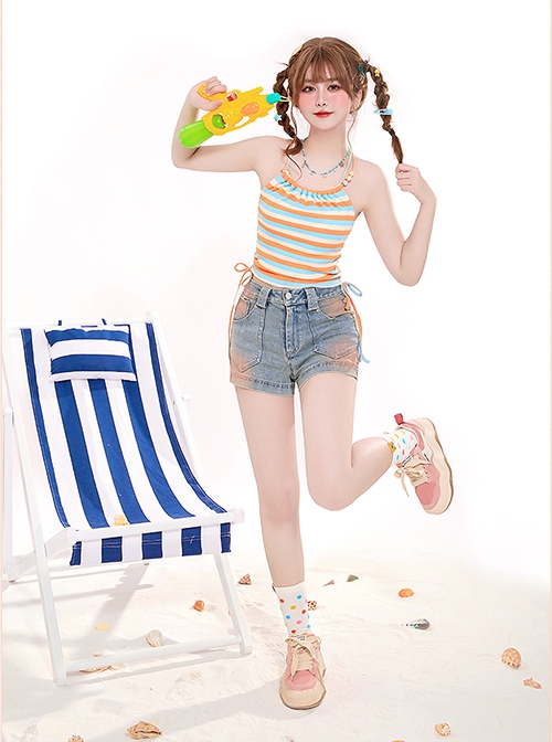 Ramune Soda Series Summer Vibe Y2K Spicy Girl Kawaii Fashion Chic Distressed Blush Blue Denim Shorts