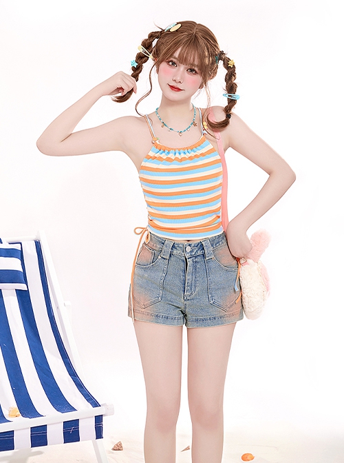 Ramune Soda Series Summer Vibe Y2K Spicy Girl Kawaii Fashion Chic Distressed Blush Blue Denim Shorts