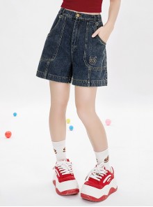 Ramune Soda Series Summer Vibe Y2K Spicy Girl Kawaii Fashion Chic Washed Distressed Blush Denim Shorts