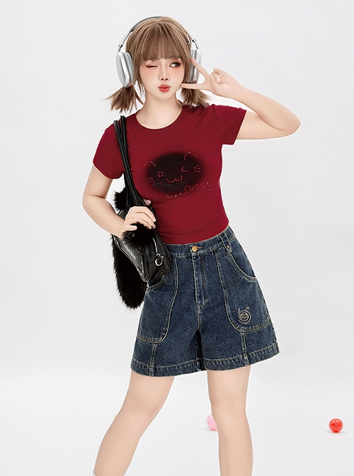 Ramune Soda Series Summer Vibe Y2K Spicy Girl Kawaii Fashion Chic Washed Distressed Blush Denim Shorts