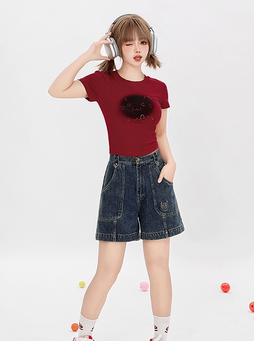 Ramune Soda Series Summer Vibe Y2K Spicy Girl Kawaii Fashion Chic Washed Distressed Blush Denim Shorts