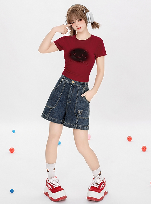 Ramune Soda Series Summer Vibe Y2K Spicy Girl Kawaii Fashion Chic Washed Distressed Blush Denim Shorts