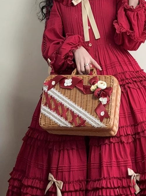 Tasha Garden Series Charming Red Ribbon Faux Flowers Classic Lolita Exquisite Mori Vintage Handbag Wicker Basket