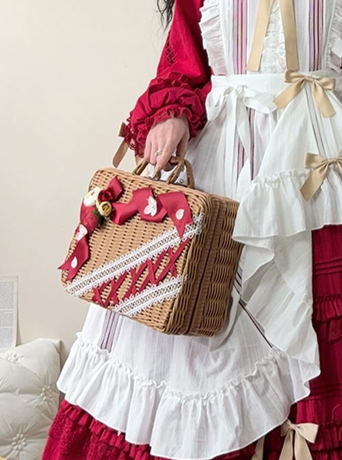 Tasha Garden Series Charming Red Ribbon Faux Flowers Classic Lolita Exquisite Mori Vintage Handbag Wicker Basket