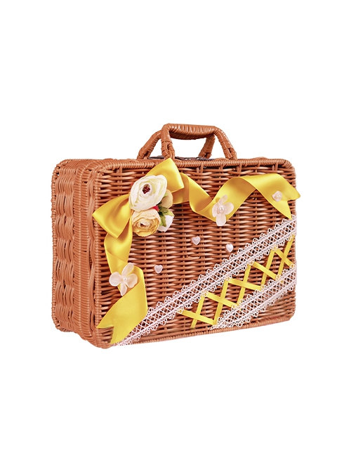 Tasha Garden Series Yellow Ribbon Faux Flowers Classic Lolita Mori Girl Vintage Square Wicker Handbag